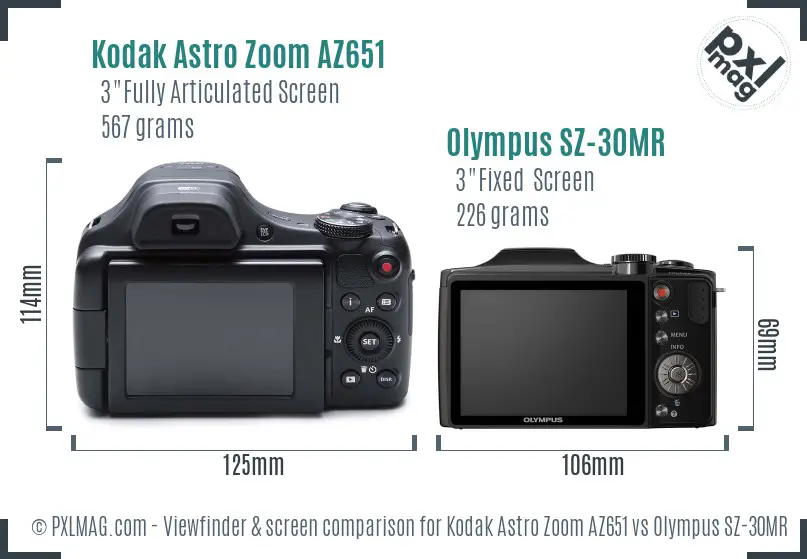 Kodak Astro Zoom AZ651 vs Olympus SZ-30MR Screen and Viewfinder comparison