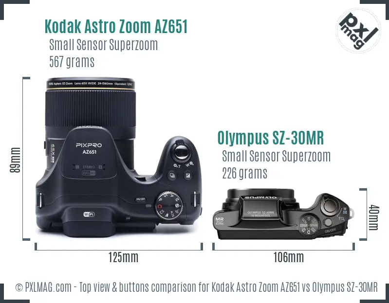Kodak Astro Zoom AZ651 vs Olympus SZ-30MR top view buttons comparison