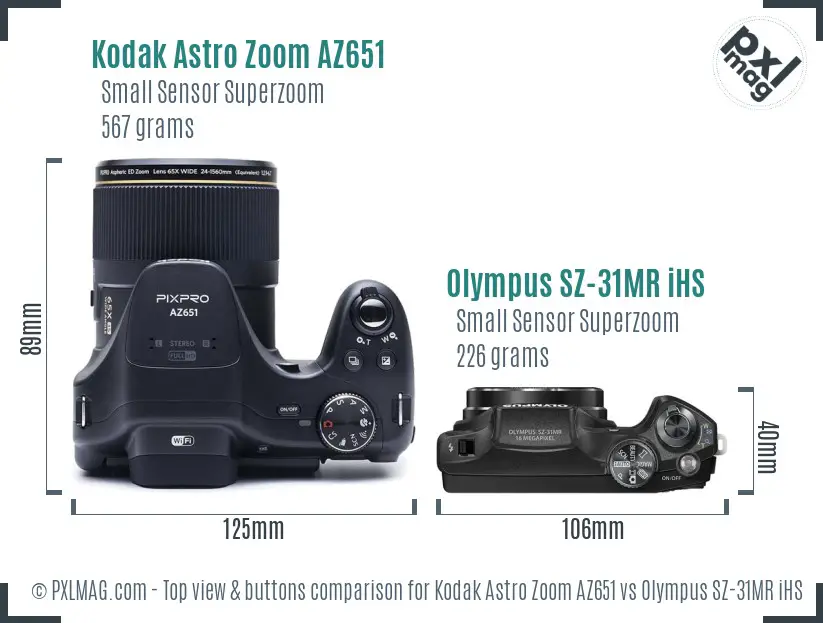Kodak Astro Zoom AZ651 vs Olympus SZ-31MR iHS top view buttons comparison