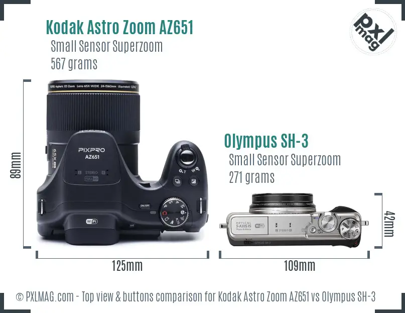 Kodak Astro Zoom AZ651 vs Olympus SH-3 top view buttons comparison
