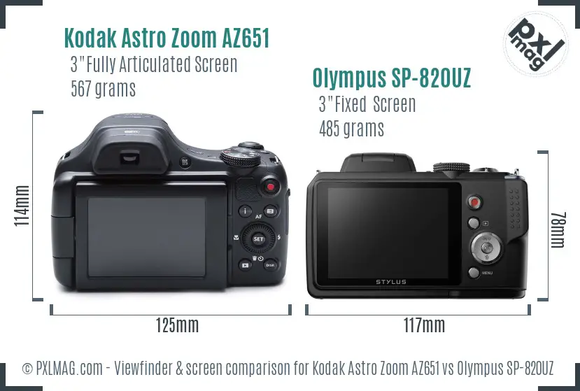 Kodak Astro Zoom AZ651 vs Olympus SP-820UZ Screen and Viewfinder comparison