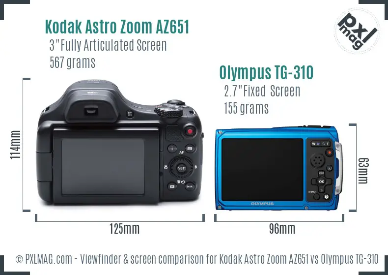 Kodak Astro Zoom AZ651 vs Olympus TG-310 Screen and Viewfinder comparison