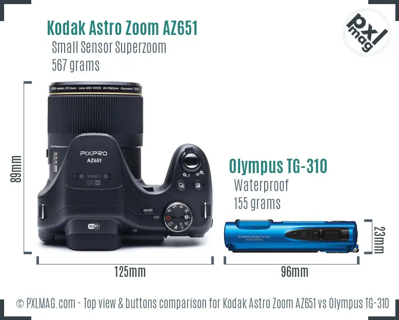Kodak Astro Zoom AZ651 vs Olympus TG-310 top view buttons comparison