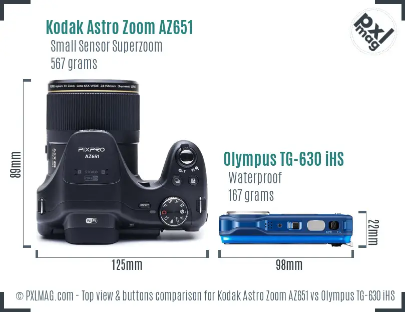 Kodak Astro Zoom AZ651 vs Olympus TG-630 iHS top view buttons comparison Kodak Astro Zoom AZ651 vs Olympus TG-630 iHS top view buttons comparison