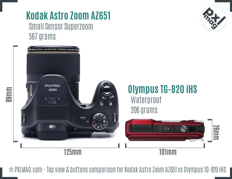 Kodak Astro Zoom AZ651 vs Olympus TG-820 iHS top view buttons comparison Kodak Astro Zoom AZ651 vs Olympus TG-820 iHS top view buttons comparison