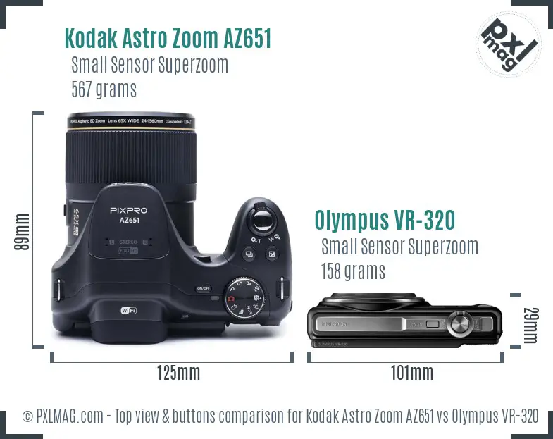 Kodak Astro Zoom AZ651 vs Olympus VR-320 top view buttons comparison Kodak Astro Zoom AZ651 vs Olympus VR-320 top view buttons comparison