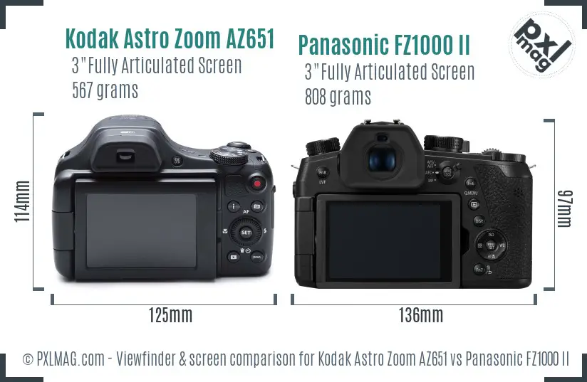 Kodak Astro Zoom AZ651 vs Panasonic FZ1000 II Screen and Viewfinder comparison
