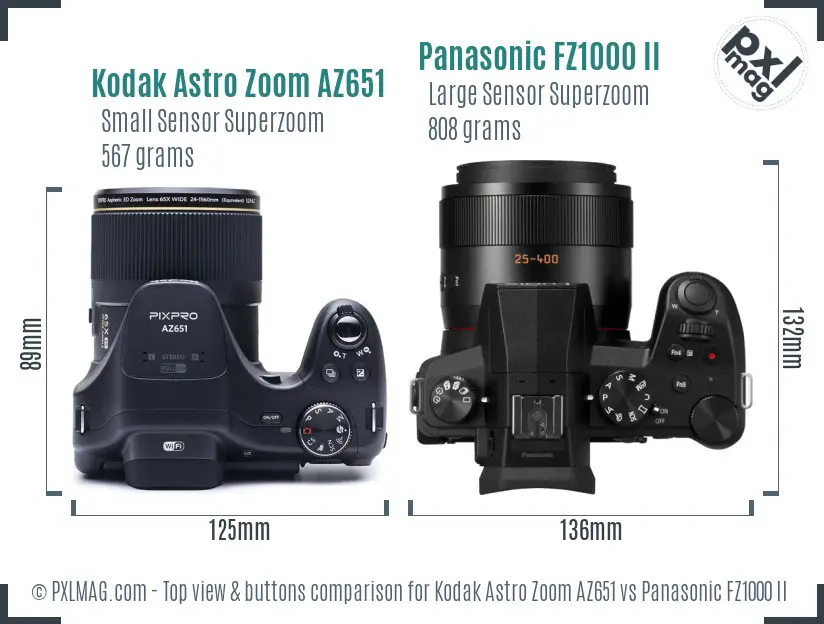Kodak Astro Zoom AZ651 vs Panasonic FZ1000 II top view buttons comparison