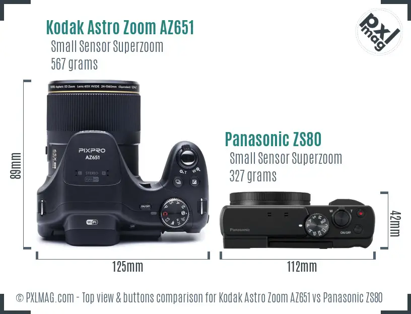 Kodak Astro Zoom AZ651 vs Panasonic ZS80 top view buttons comparison