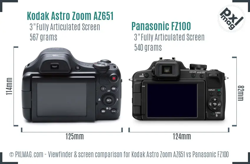 Kodak Astro Zoom AZ651 vs Panasonic FZ100 Screen and Viewfinder comparison