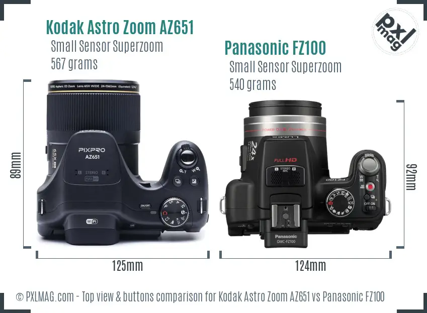 Kodak Astro Zoom AZ651 vs Panasonic FZ100 top view buttons comparison