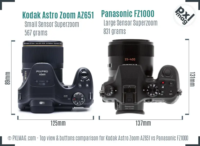 Kodak Astro Zoom AZ651 vs Panasonic FZ1000 top view buttons comparison