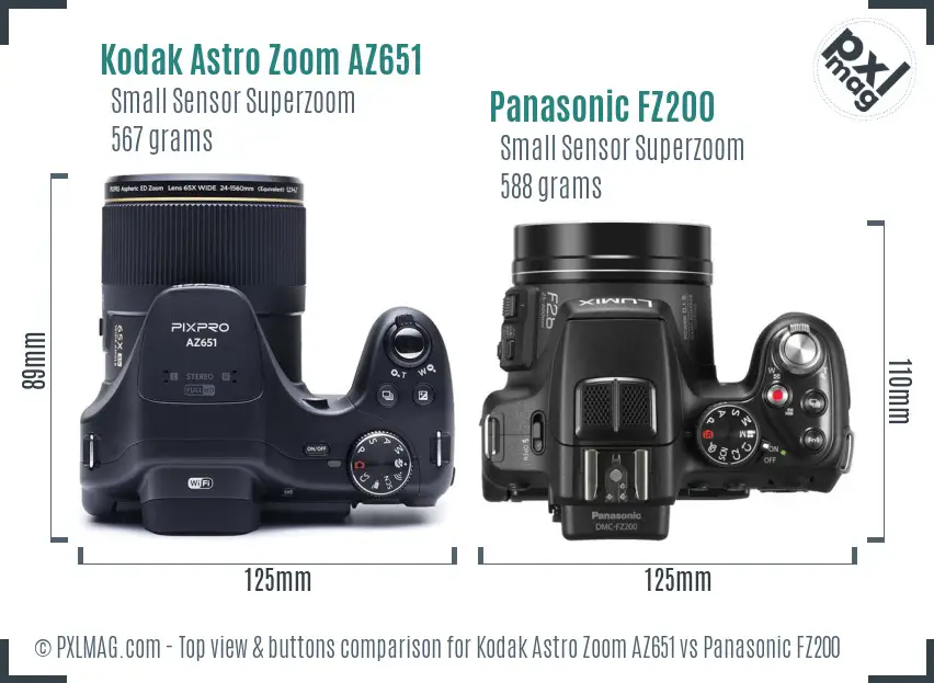 Kodak Astro Zoom AZ651 vs Panasonic FZ200 top view buttons comparison