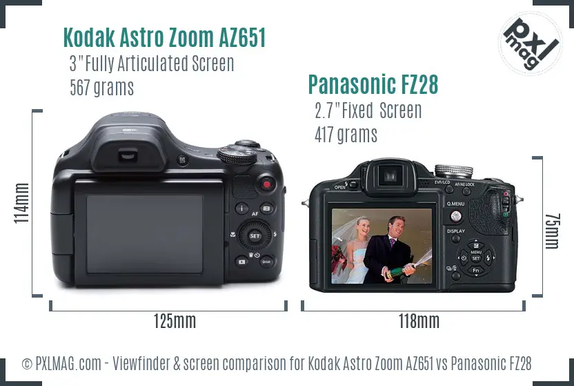 Kodak Astro Zoom AZ651 vs Panasonic FZ28 Screen and Viewfinder comparison