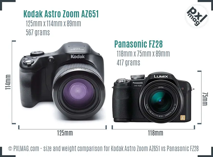 Kodak Astro Zoom AZ651 vs Panasonic FZ28 size comparison