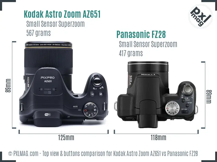 Kodak Astro Zoom AZ651 vs Panasonic FZ28 top view buttons comparison