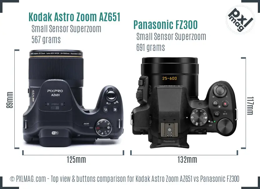 Kodak Astro Zoom AZ651 vs Panasonic FZ300 top view buttons comparison