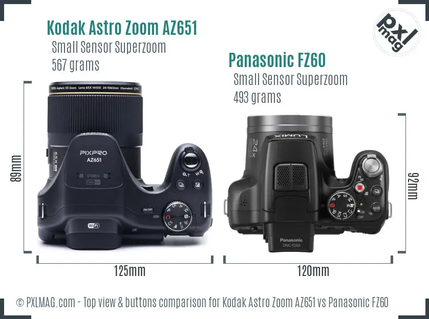 Kodak Astro Zoom AZ651 vs Panasonic FZ60 top view buttons comparison Kodak Astro Zoom AZ651 vs Panasonic FZ60 top view buttons comparison