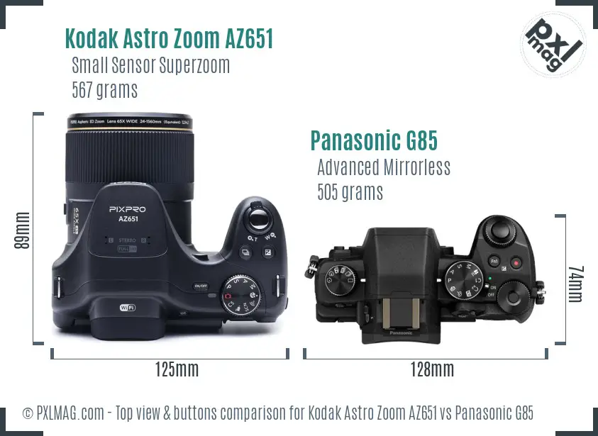Kodak Astro Zoom AZ651 vs Panasonic G85 top view buttons comparison Kodak Astro Zoom AZ651 vs Panasonic G85 top view buttons comparison