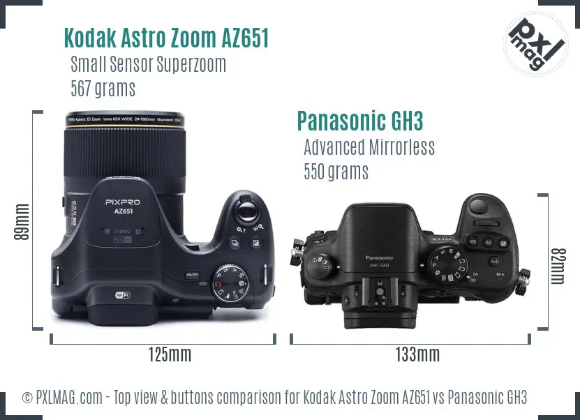 Kodak Astro Zoom AZ651 vs Panasonic GH3 top view buttons comparison Kodak Astro Zoom AZ651 vs Panasonic GH3 top view buttons comparison