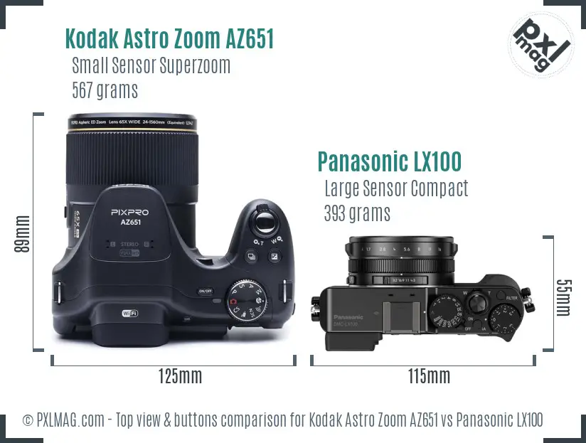 Kodak Astro Zoom AZ651 vs Panasonic LX100 top view buttons comparison Kodak Astro Zoom AZ651 vs Panasonic LX100 top view buttons comparison