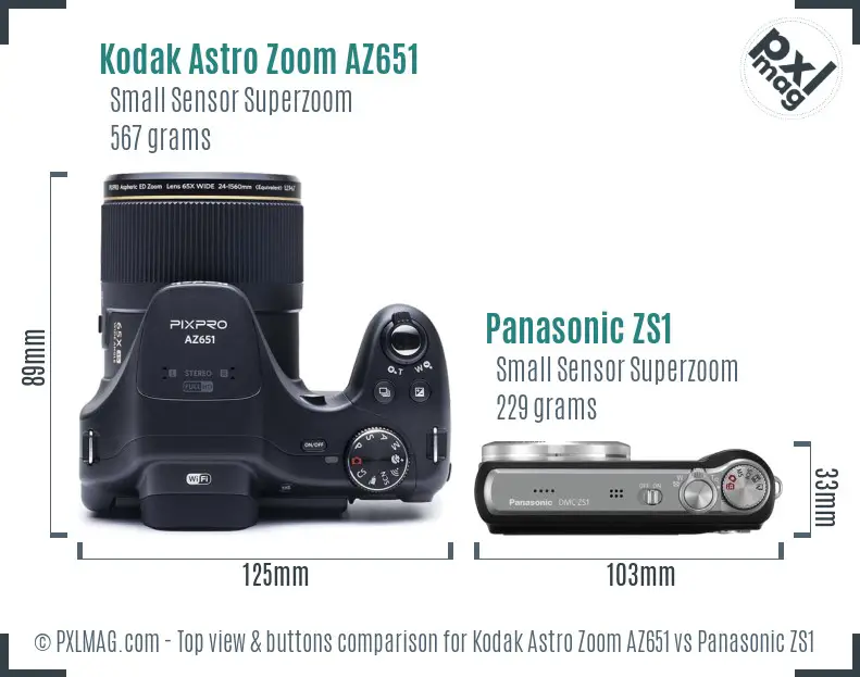 Kodak Astro Zoom AZ651 vs Panasonic ZS1 top view buttons comparison