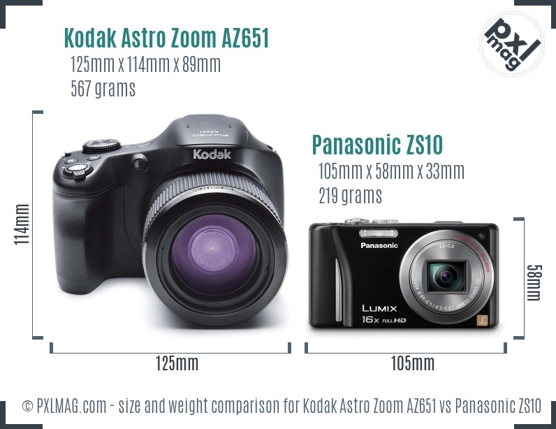 Kodak Astro Zoom AZ651 vs Panasonic ZS10 size comparison