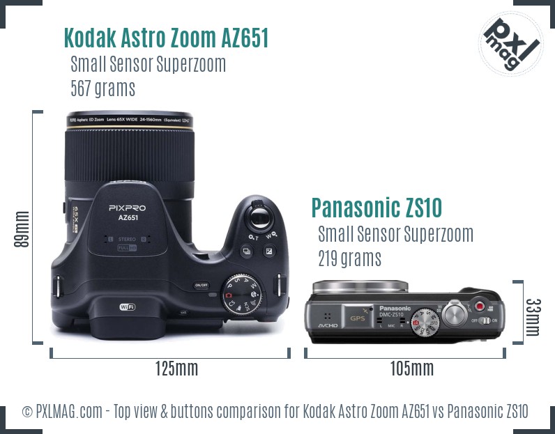Kodak Astro Zoom AZ651 vs Panasonic ZS10 top view buttons comparison
