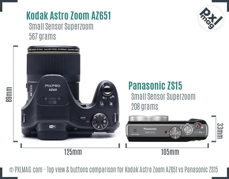 Kodak Astro Zoom AZ651 vs Panasonic ZS15 top view buttons comparison Kodak Astro Zoom AZ651 vs Panasonic ZS15 top view buttons comparison