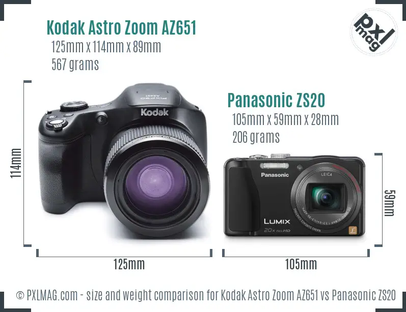 Kodak Astro Zoom AZ651 vs Panasonic ZS20 size comparison