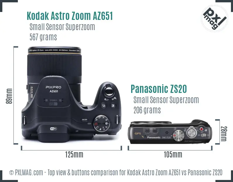 Kodak Astro Zoom AZ651 vs Panasonic ZS20 top view buttons comparison