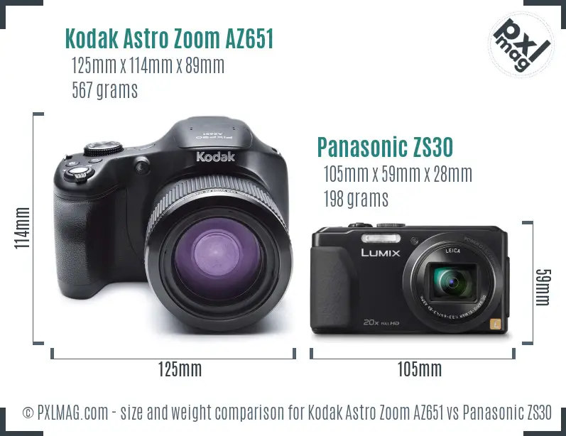 Kodak Astro Zoom AZ651 vs Panasonic ZS30 size comparison