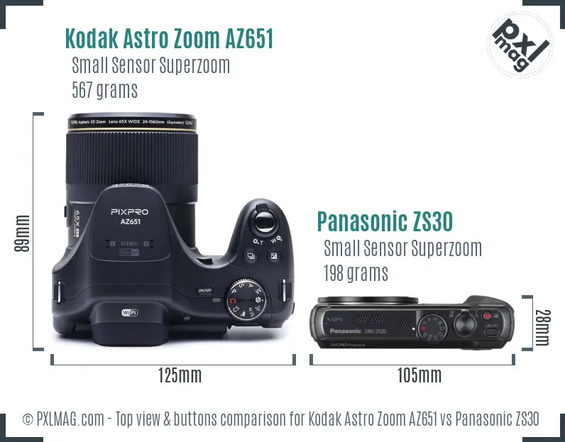 Kodak Astro Zoom AZ651 vs Panasonic ZS30 top view buttons comparison