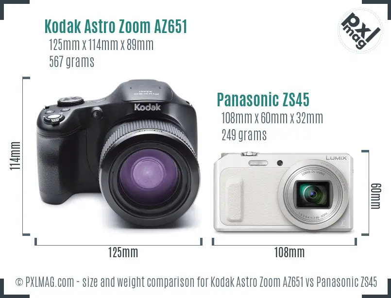 Kodak Astro Zoom AZ651 vs Panasonic ZS45 size comparison