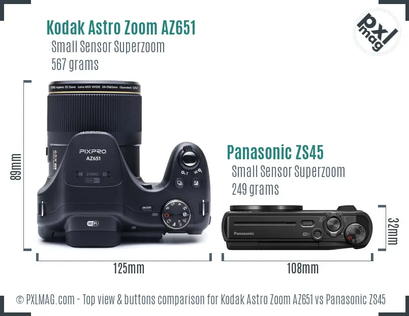 Kodak Astro Zoom AZ651 vs Panasonic ZS45 top view buttons comparison