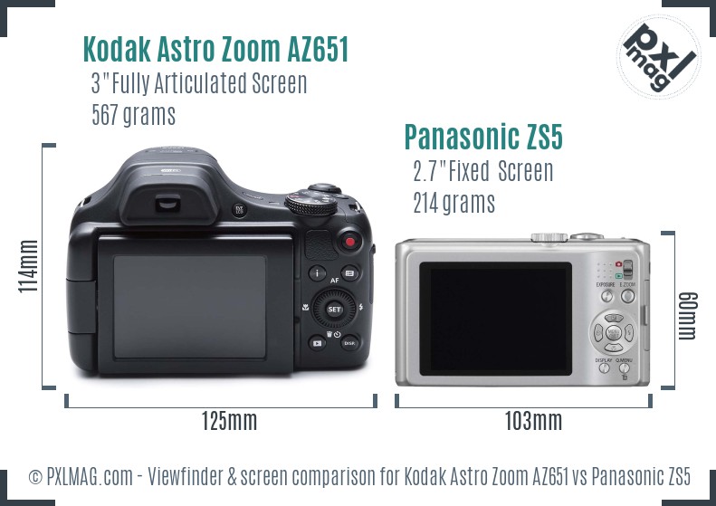 Kodak Astro Zoom AZ651 vs Panasonic ZS5 Screen and Viewfinder comparison