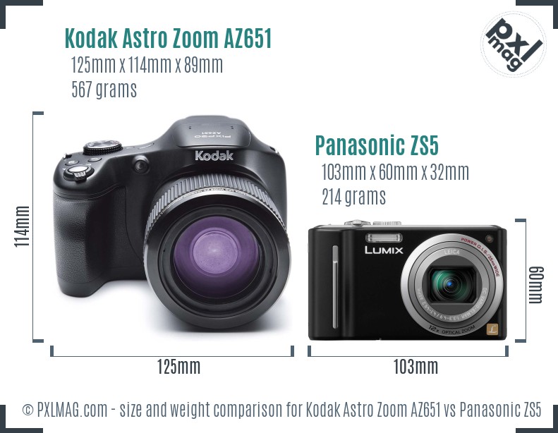 Kodak Astro Zoom AZ651 vs Panasonic ZS5 size comparison