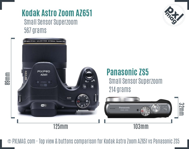 Kodak Astro Zoom AZ651 vs Panasonic ZS5 top view buttons comparison