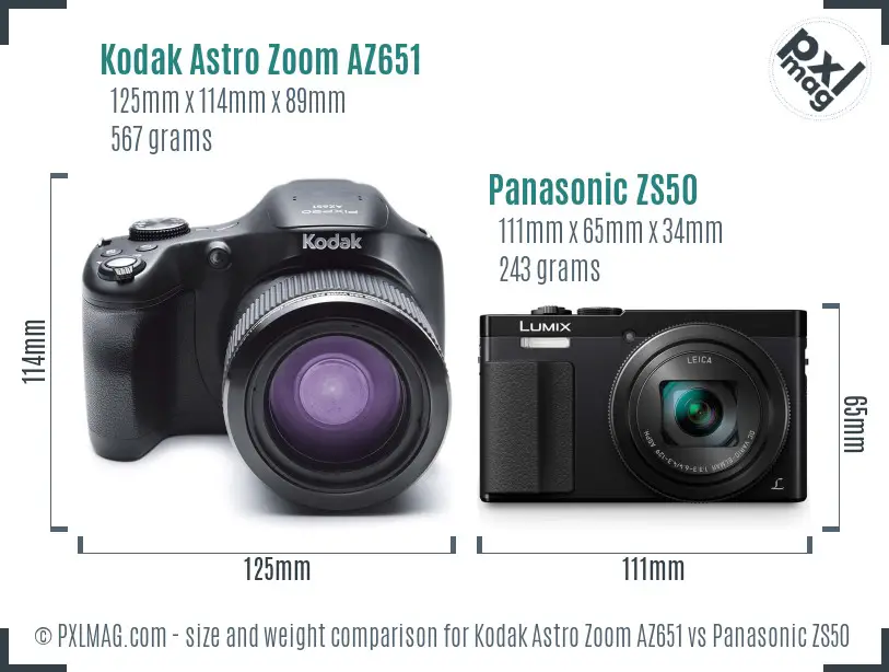 Kodak Astro Zoom AZ651 vs Panasonic ZS50 size comparison