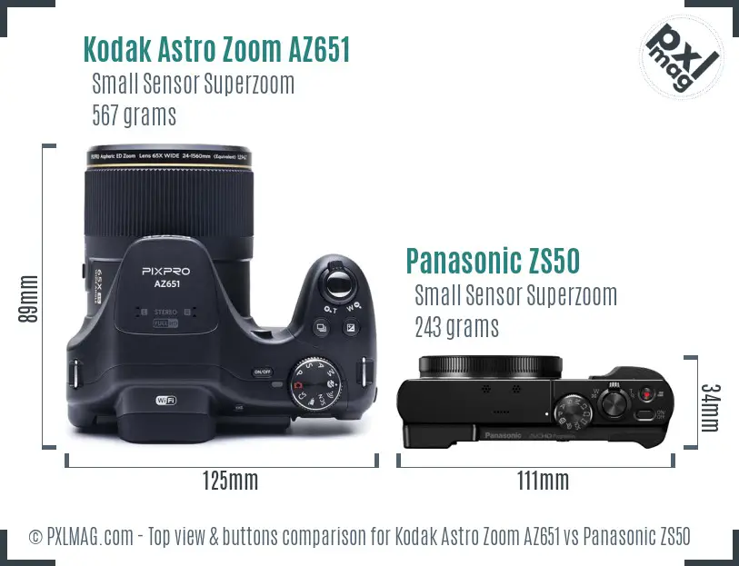 Kodak Astro Zoom AZ651 vs Panasonic ZS50 top view buttons comparison
