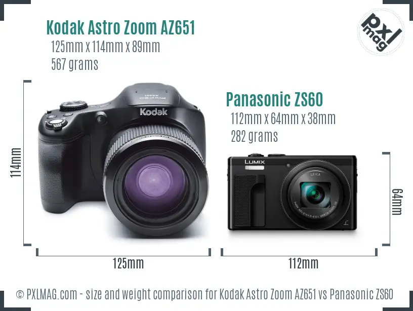Kodak Astro Zoom AZ651 vs Panasonic ZS60 size comparison