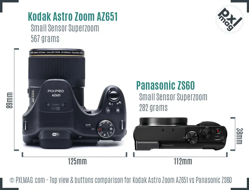 Kodak Astro Zoom AZ651 vs Panasonic ZS60 top view buttons comparison