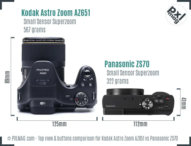 Kodak Astro Zoom AZ651 vs Panasonic ZS70 top view buttons comparison