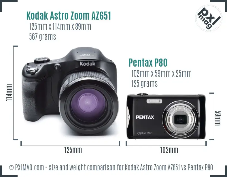 Kodak Astro Zoom AZ651 vs Pentax P80 size comparison