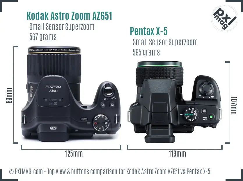 Kodak Astro Zoom AZ651 vs Pentax X-5 top view buttons comparison