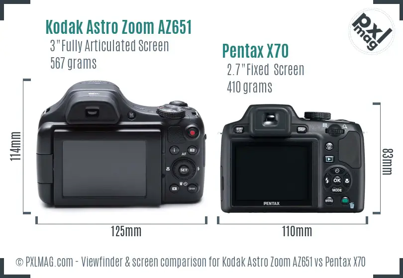 Kodak Astro Zoom AZ651 vs Pentax X70 Screen and Viewfinder comparison