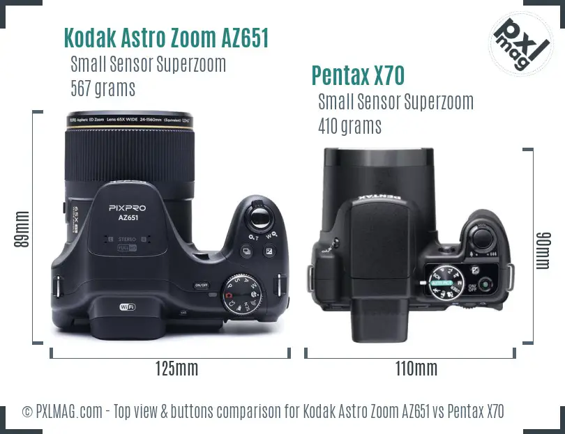 Kodak Astro Zoom AZ651 vs Pentax X70 top view buttons comparison