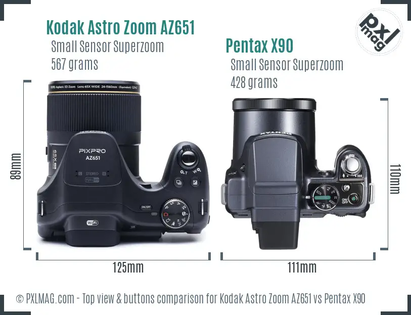 Kodak Astro Zoom AZ651 vs Pentax X90 top view buttons comparison