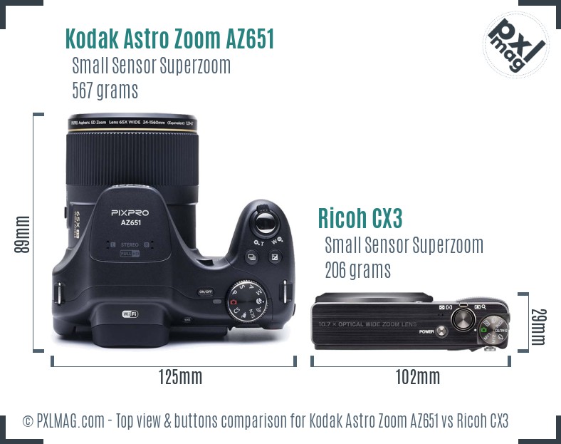 Kodak Astro Zoom AZ651 vs Ricoh CX3 top view buttons comparison