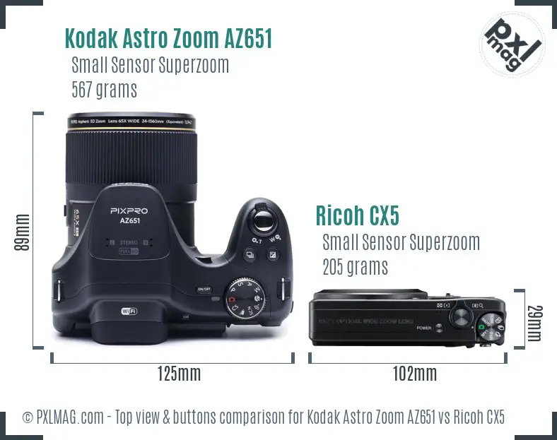 Kodak Astro Zoom AZ651 vs Ricoh CX5 top view buttons comparison